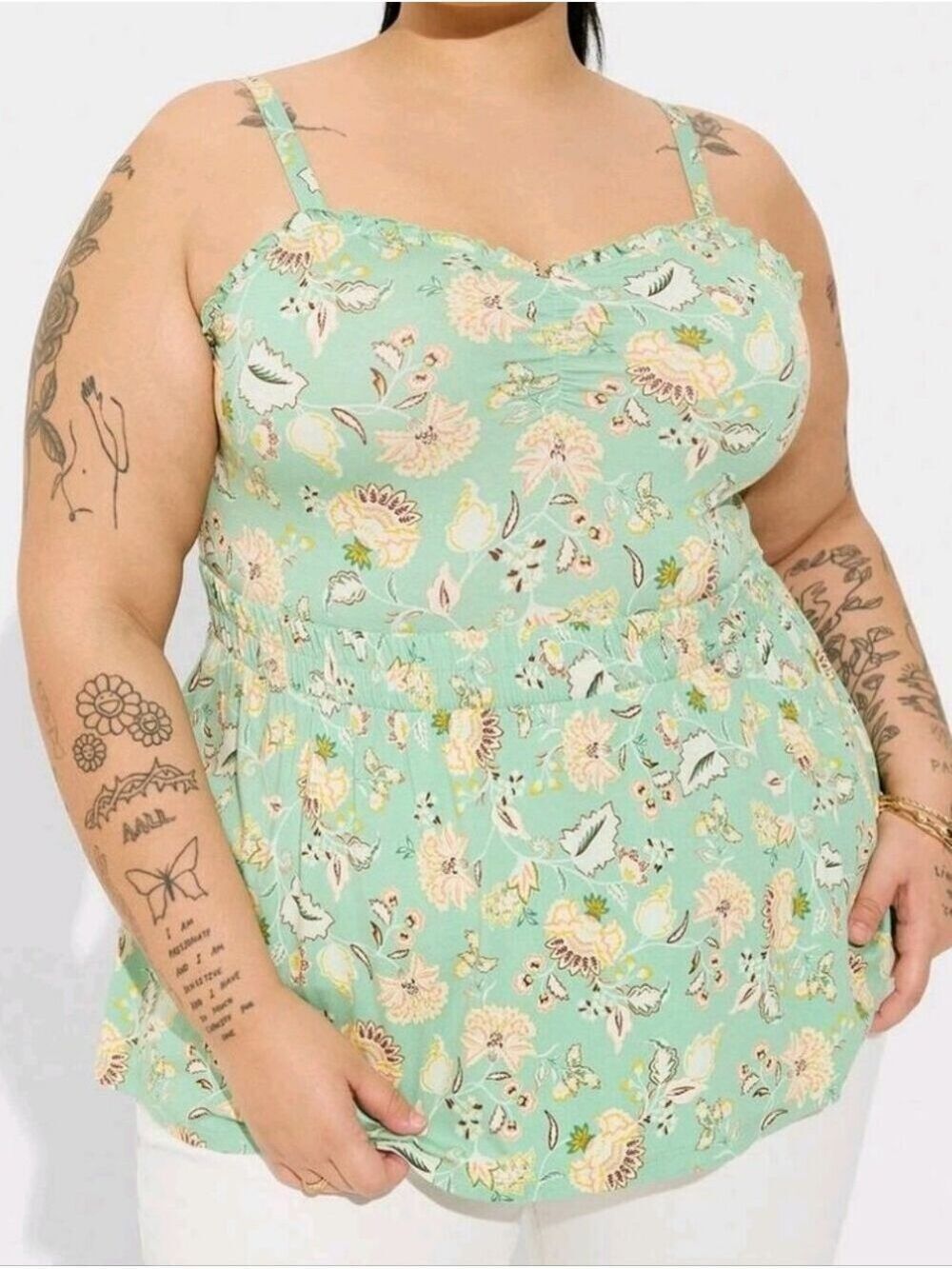 2X • Torrid • Green Paisley Print Floral with Elastic Waist Baby Doll Top